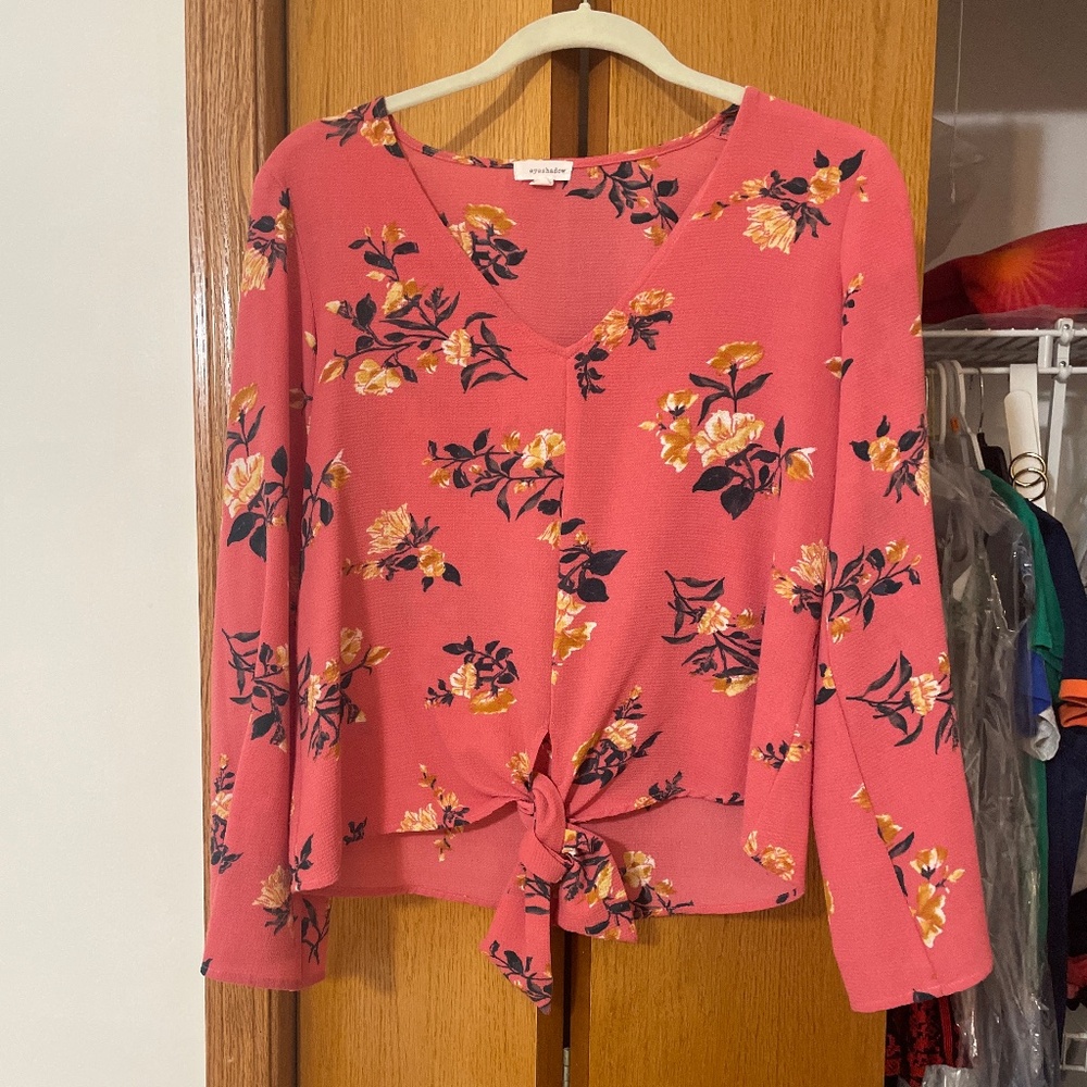 Pink tie front bell sleeve top